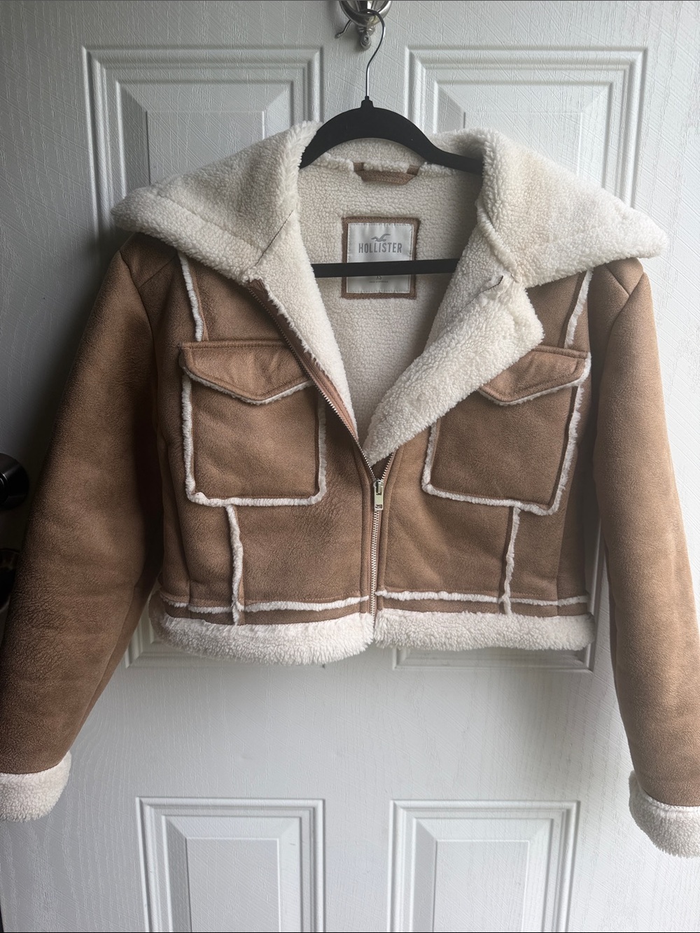Hollister Faux Suede Sherpa Aviator Jacket XS Shearling Lined Moto Cropped Coat